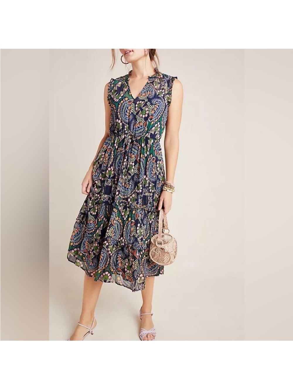 Anthropologie Elmira Ruffled Midi Navy & Green Paisley MetallicTiered Midi Dress